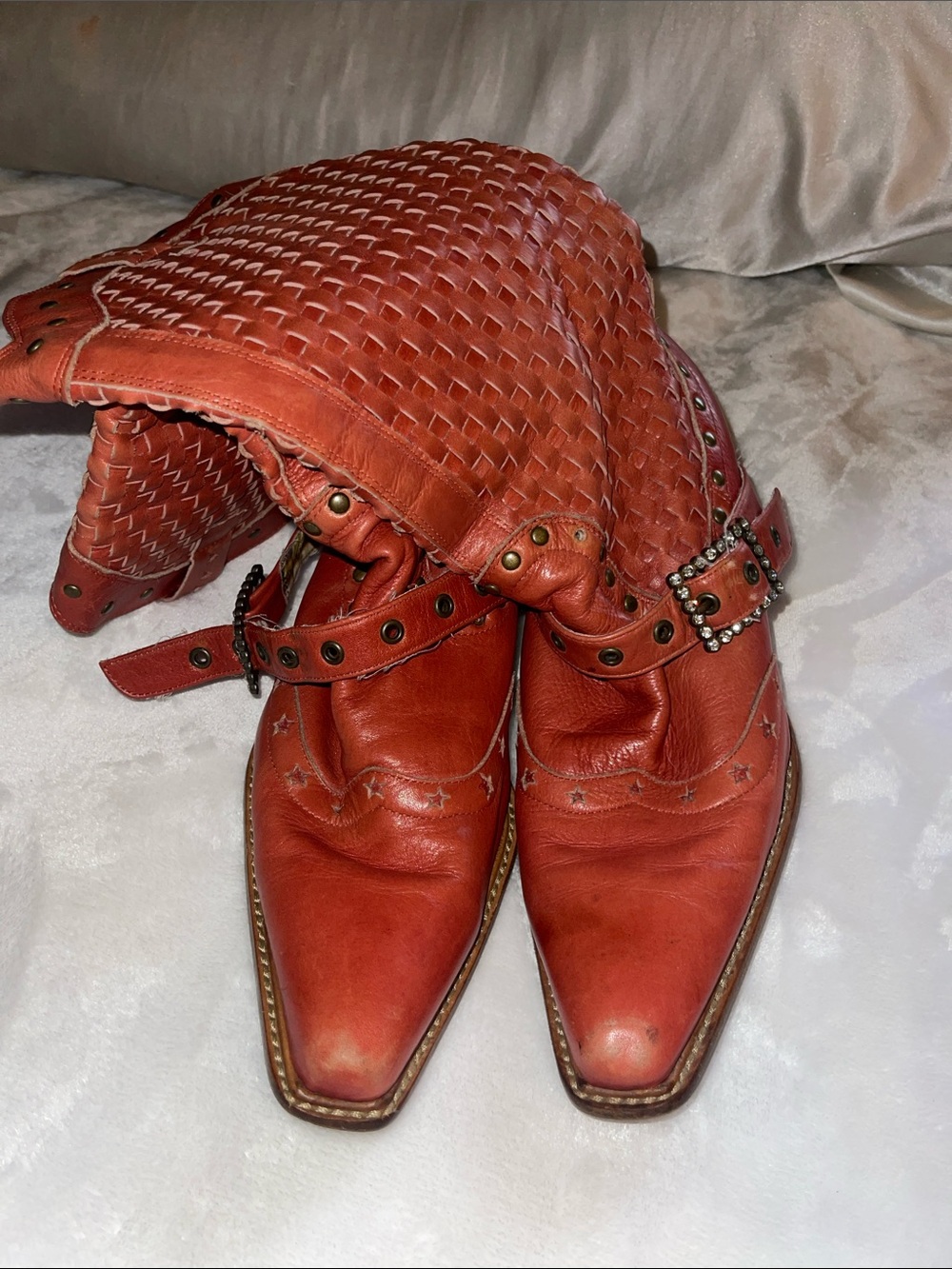 Women's Burnt Orange Leather Western Boots with Studded Buckle Detail
